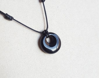 Black Onyx necklace -Handmade crystal necklace -Adjustable black cord choker necklace -Hippie gemstone pendant -Minimalist boho necklace