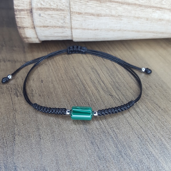 Malachite bracelet -DAINTY Green gemstone beaded bracelet - Malachite jewelry -Handmade jewelry -Black cord braided adjustable bracelet