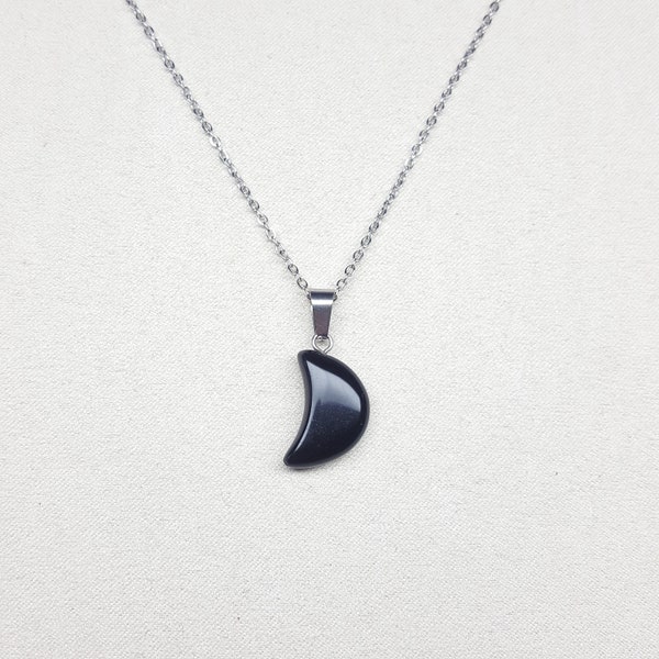 Black obsidian necklace Crescent Moon crystal pendant Natural Obsidian women jewelry Stone necklace Non tarnish chain Celestial necklace