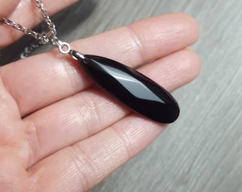 Black Obsidian Necklace, Stainless Steel Chain, Gemstone Pendant