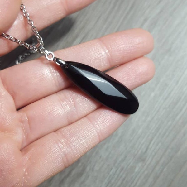 Obsidian necklace Black Obsidian Stainless steel chain necklace Black Obsidian gemstone pendant for women Obsidian jewelry Gifts for her