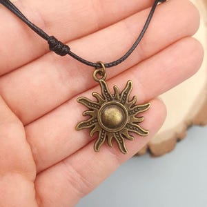 Antique Brass Sun Charm Necklace - Adjustable Black Cord Choker image 7