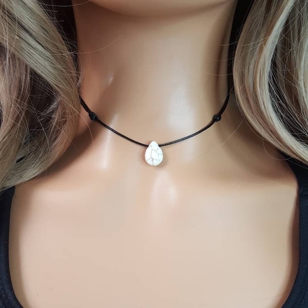 White stone necklace Howlite necklace White teardrop necklace Reconstituted Howlite jewelry Dainty Adjustable Black cord necklace Gift