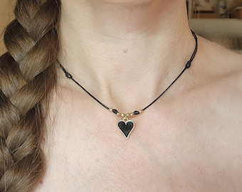 Black Heart Cord Choker - Adjustable Gothic Necklace