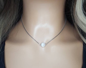 Selenite Necklace, Stainless Steel Pendant, Adjustable Choker