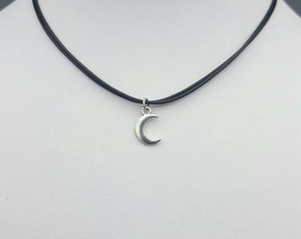 Silver Crescent Moon Choker Necklace, Black Cord, Adjustable
