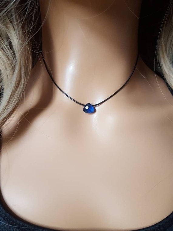 Blue Crystal Glass Choker Necklace Blue Teardrop Crystal Black