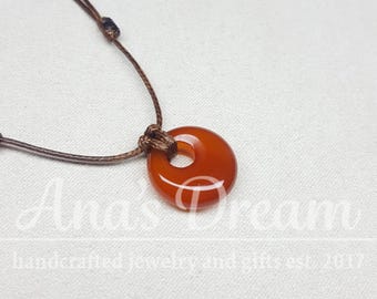 Carnelian necklace -Carnelian crystal jewelry -Round Carnelian pendant -Cute everyday black cord choker -Dainty Orange real crystal necklace