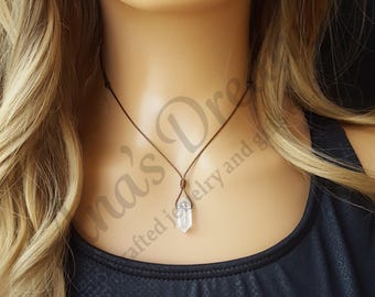 Natural Clear Quartz Crystal Necklace - Adjustable Cord Choker