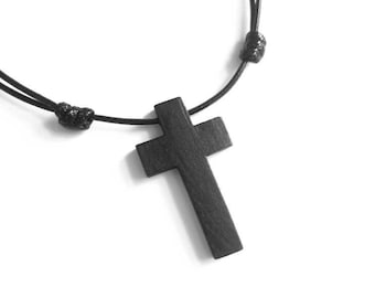 Wood Cross Necklace, Adjustable Cord Necklace, Rustic Handmade Jewelry