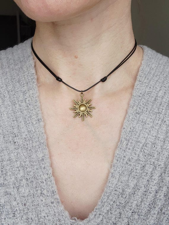 Antique Brass Sun Charm Necklace - Adjustable Black Cord Choker