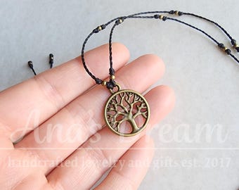 Bronze Tree of Life Necklace, Knotted Black Cord Choker