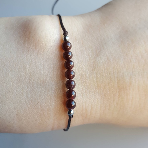 Garnet bracelet Red gemstone bracelet Ultra Dainty string Waxed cord bracelet Black rope bracelet Stainless steel Crystal beaded bracelet