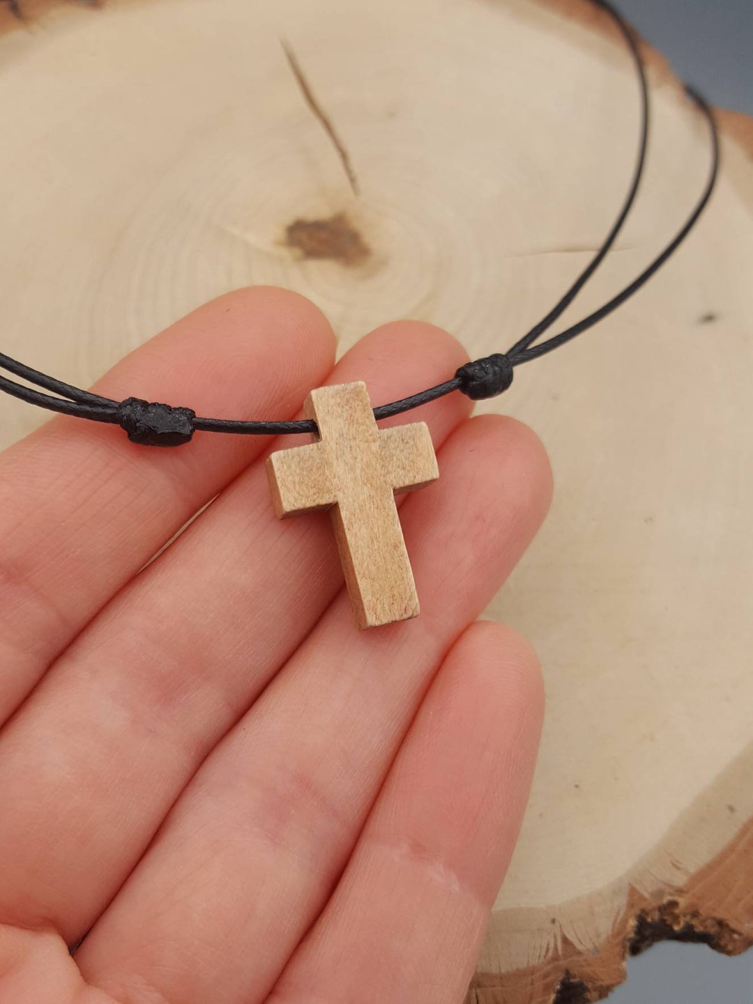 Greek Orthodox Wood Cross Pendant Necklace with Adjustable Cord Style 3