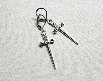 Boucles d'oreilles épée en argent, fils d'oreilles en acier inoxydable, boucles d'oreilles pendantes