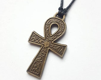 Antique Brass Ankh Cross Necklace, Egyptian Jewelry