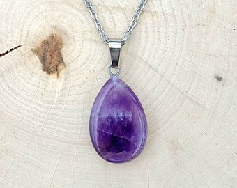 Teardrop Amethyst Necklace, Stainless Steel Pendant Chain