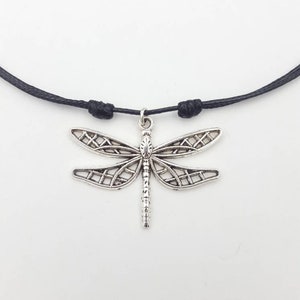 May include: A silver dragonfly pendant necklace on a black cord.