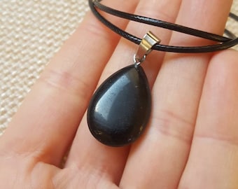 Black Obsidian Teardrop Pendant Necklace, Stainless Steel