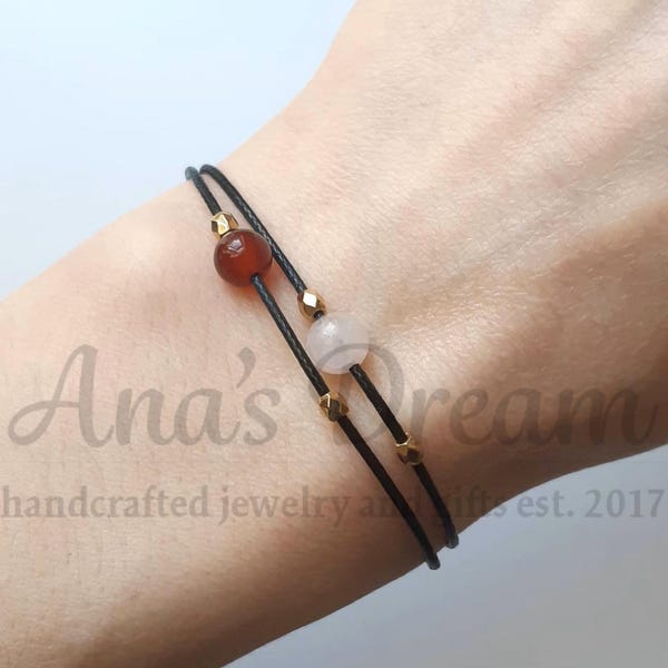 Red Carnelian & Rose Quartz Cord Bracelet - Adjustable String Bracelet