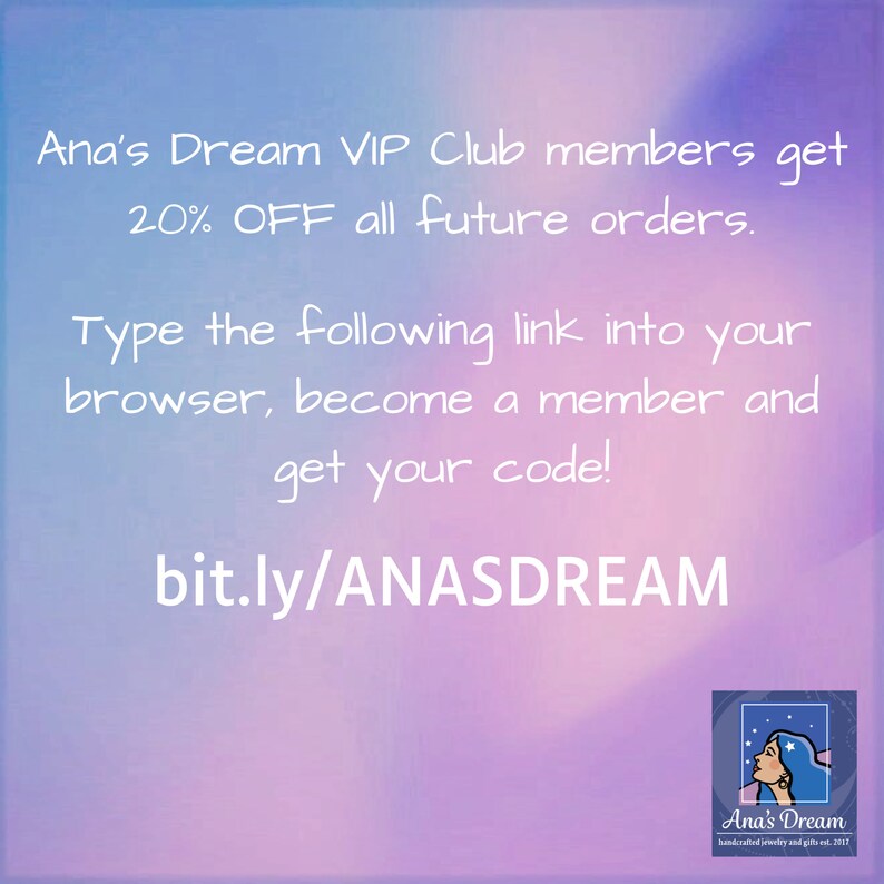 May include: A purple and pink background with white text that reads "Ana's Dream VIP Club members get 20% OFF all future orders. Type the following link into your browser, become a member and get your code! bit.ly/ANASDREAM". A logo for Ana's Dream is in the bottom right corner.