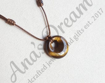 Tigers eye necklace -Handmade Gemstone necklace -Adjustable black cord choker necklace -Earthy gemstone pendant -Minimalist boho necklace