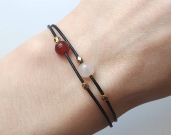 Red Carnelian and Rose Quartz bracelet Real Crystal jewelry Black cord bracelet Floating beads bracelet Double gemstone Two crystal bracelet