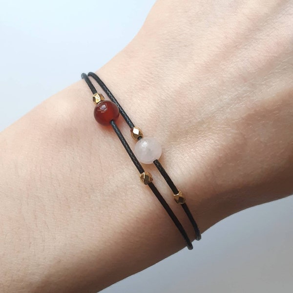 Red Carnelian and Rose Quartz bracelet Red Carnelian Rose Quartz jewelry Black cord bracelet Cute bracelet Dainty string adjustable bracelet