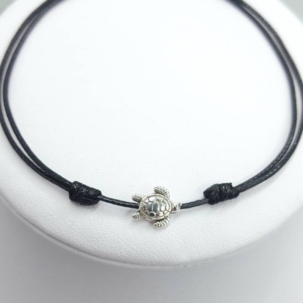 Turtle Ankle bracelet Turtle bracelet Summer Beach bracelet Turtle silver bead Black cord anklet Adjustable ankle bracelet for women Gifts