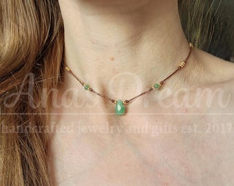 Aventurine necklace Adjustable cord Handmade knotted beaded necklace Bohemian jewelry Earthy colors Green and gold Hippie choker necklace