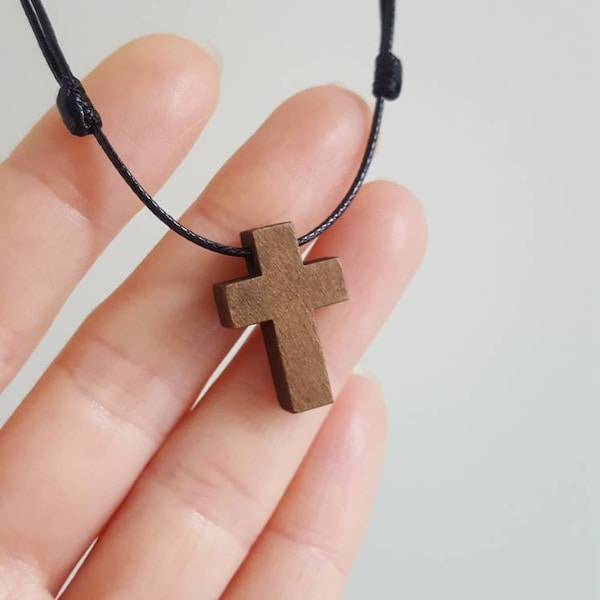 Cross necklace Wood cross pendant Wood cross choker necklace Cross jewelry Wooden cross pendant Cross choker Black cord adjustable necklace