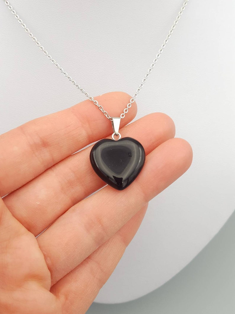 Black obsidian heart necklace Black heart pendant Black Obsidian necklace Black Obsidian jewelry Heart stone necklace Cute Graduation gift image 1