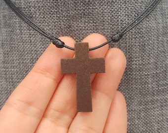 Dark Brown Wood Cross Necklace, Adjustable Cord