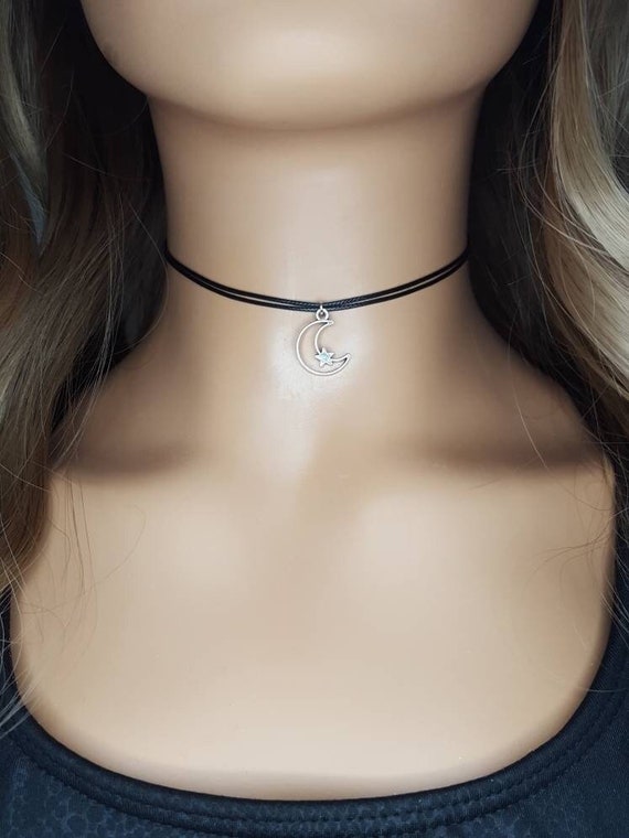 Crescent Moon Star Choker: Adjustable Black Cord Necklace