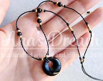 Black Onyx Pendant Necklace – Handmade Adjustable Cord Choker