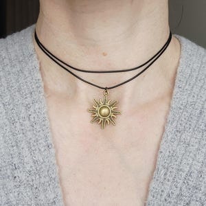 Antique Brass Sun Charm Necklace - Adjustable Black Cord Choker image 11