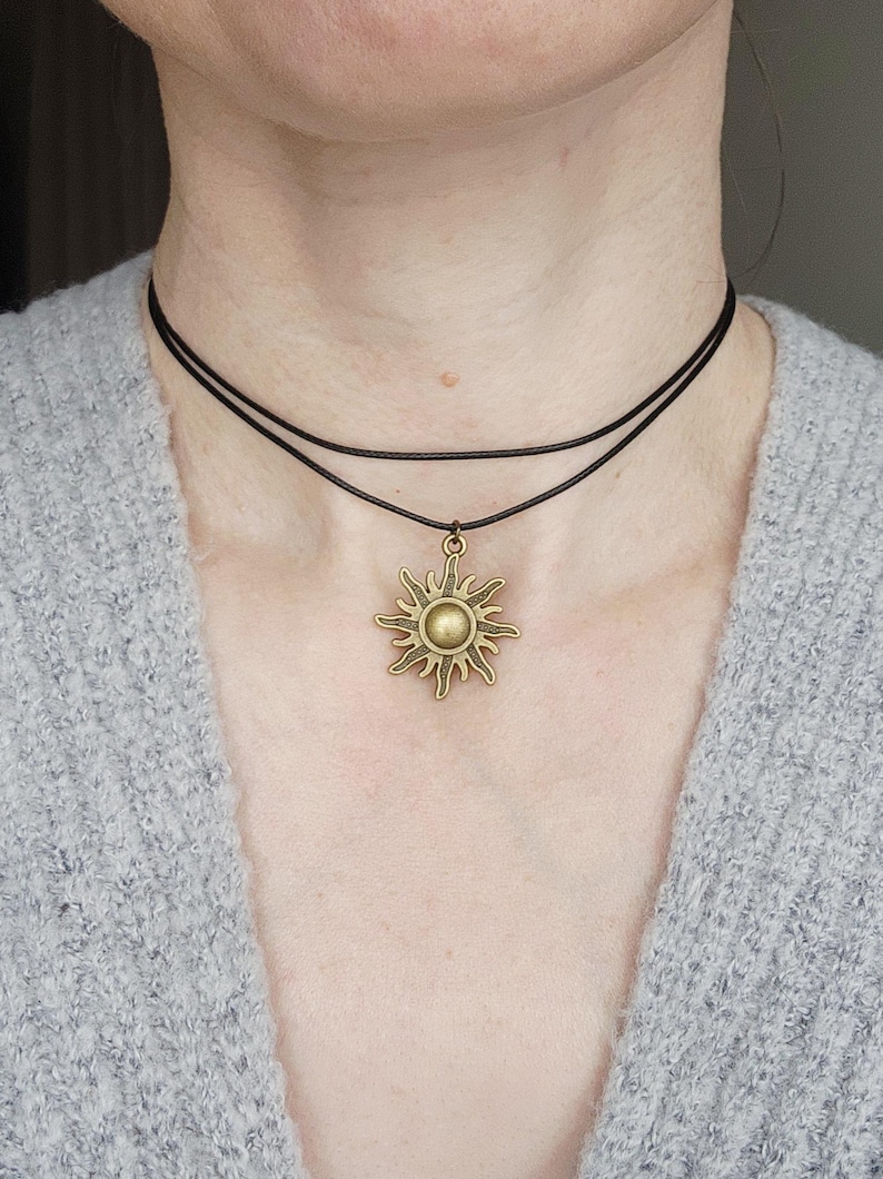 Antique Brass Sun Charm Necklace - Adjustable Black Cord Choker image 11