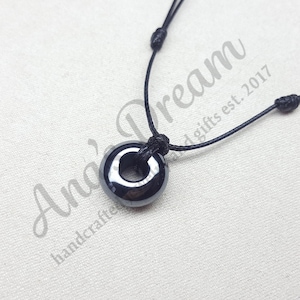 Hematite Necklace: Natural Black Stone Circle Pendant, Adjustable Cord