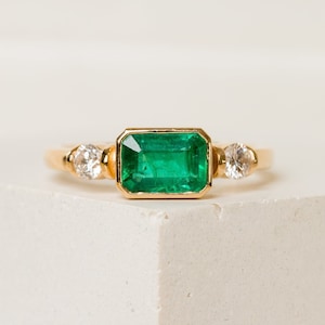 Emerald Engagement Ring East West Engagement Ring Three Stone Ring Green Stone Wedding Ring Emerald 3 Stone Ring The Winona Ring image 1