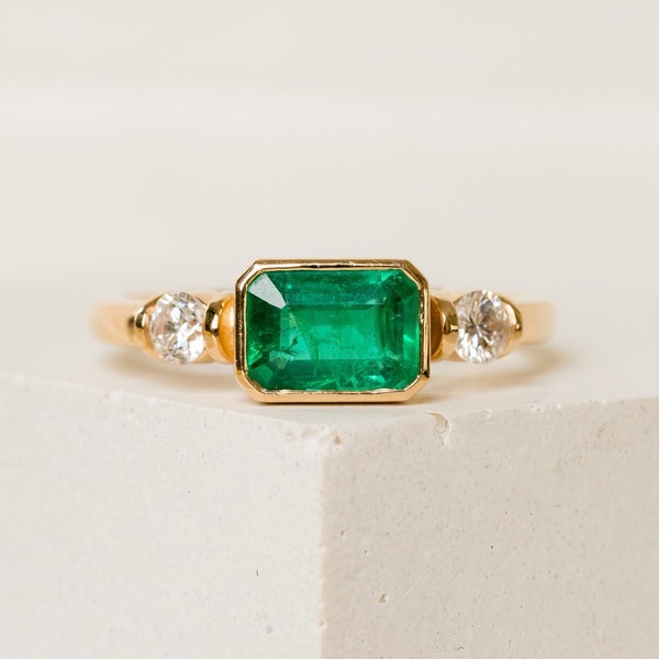 Emerald Engagement Ring | East West Engagement Ring | Three Stone Ring | Green Stone Wedding Ring | Emerald 3 Stone Ring [The Winona Ring]