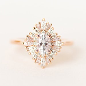 Art Deco Engagement Ring Rose Gold Engagement Ring Double Halo Oval Moissanite Ring The Daisy Ring image 1