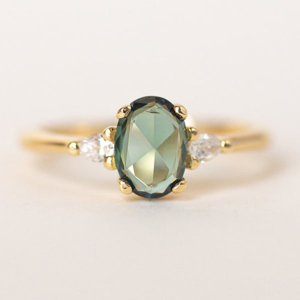 Green Sapphire Engagement Ring | Oval Engagement Ring | 3 Stone Rose Gold Ring | Oval Rose Cut Sapphire | Trilogy Ring [The Amelia Ring]