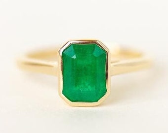 Emerald Gold Ring | Emerald Engagement Ring | Green Emerald Ring | Bezel Set Ring | Green Stone Ring [The Yves Ring]
