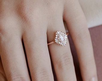 Gatsby Style Engagement Ring | Rose Gold Engagement Ring | Double Halo Oval Moissanite Ring [The Daisy Ring]