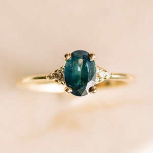 Teal Sapphire Engagement Ring | Oval Engagement Ring | Yellow Gold Ring | Oval Blue Sapphire | Cluster Ring [The Juniper Ring]