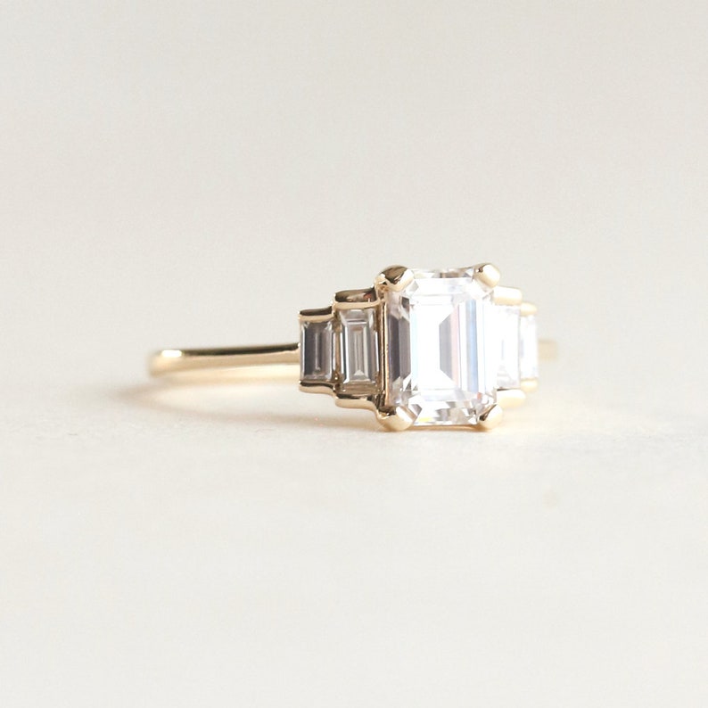 Emerald Cut Ring Baguette Engagement Ring Five Stone Ring Vintage Inspired Ring Moissanite Diamond Ring The Taylor Ring image 3