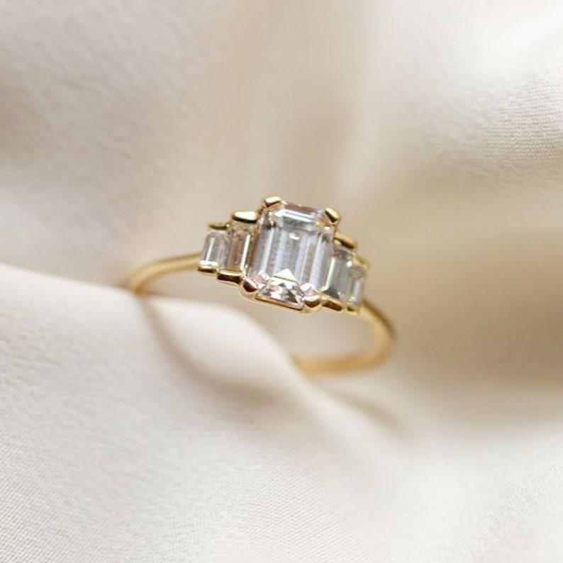 Emerald Cut Ring Baguette Engagement Ring Five Stone Ring Vintage Inspired Ring Moissanite Diamond Ring The Taylor Ring image 1