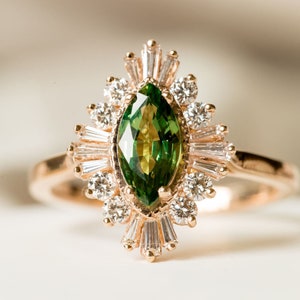 Art Deco Engagement Ring | Sage Green | Marquise Engagement Ring | Yellow Gold Ring | Green Sapphire Engagement Ring [The Maisie Ring]