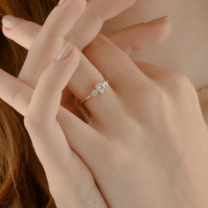 3 Stone Diamond Engagement Ring 14k Gold Minimalist Trilogy Wedding Ring Three Stone Forever One Moissanite Cluster The Chloe Ring image 7