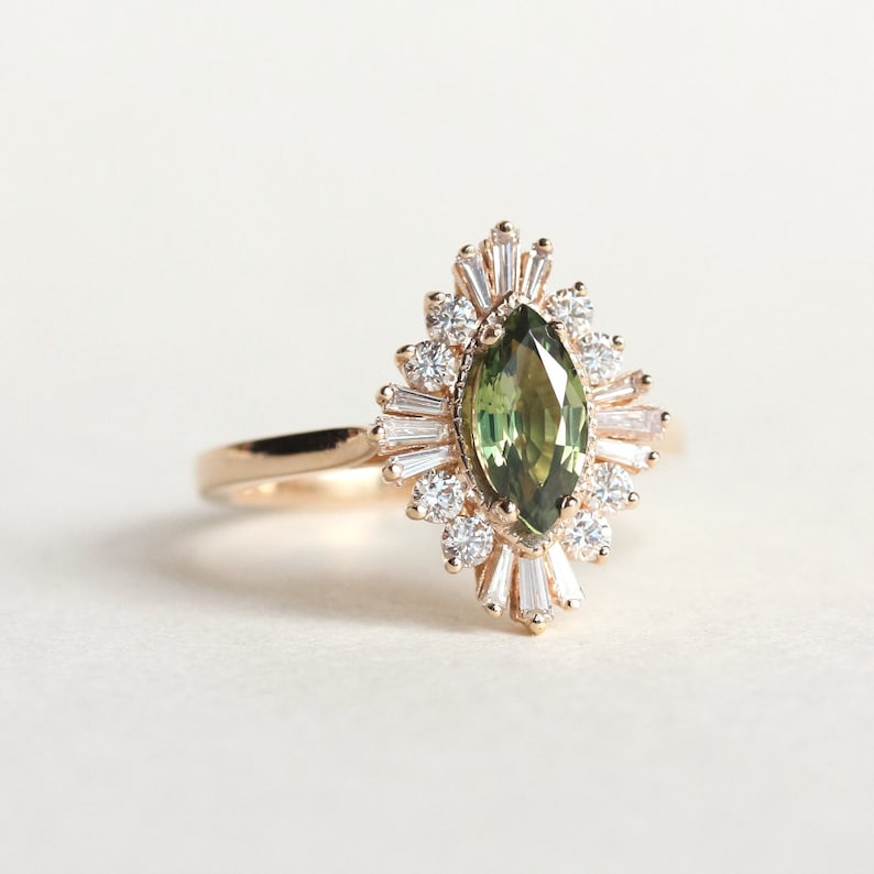 Art Deco Engagement Ring Sage Green Marquise Engagement - Etsy